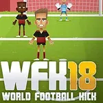 Jugadores de fútbol animados en un campo verde, listos para un tiro libre frente a una portería con un portero, con el texto WFK 18 World Football Kick en primer plano