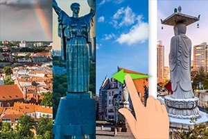 Edificios y estatuas icónicas se muestran divididos por columnas, con una mano señalando en el centro de la imagen