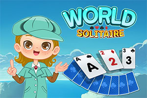 Niña caricaturesca con sombrero verde junto a cartas de naipes sobre un fondo de cielo azul