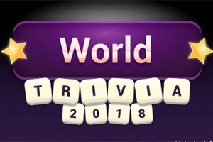Texto World Trivia 2018 con fondo morado y estrellas amarillas en los extremos