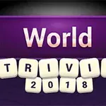 Texto World Trivia 2018 con fondo morado y estrellas amarillas en los extremos