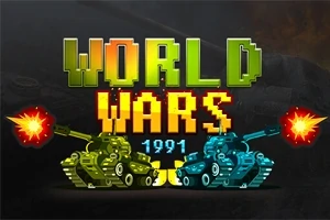 Ilustración de dos tanques, uno verde y otro azul, disparando con texto en píxeles WORLD WARS 1991 arriba