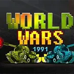 Ilustración de dos tanques, uno verde y otro azul, disparando con texto en píxeles WORLD WARS 1991 arriba
