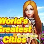 Mujer con cabello largo y rojizo frente a un paisaje urbano con un edificio icónico y flores en primer plano, sobre un fondo de agua y cielo azul, con texto prominente en inglés