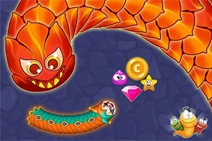 Serpiente naranja gigante rodeando a una oruga verde con objetos brillantes como una moneda, un diamante rosado y una estrella, junto a dos personajes animados sonrientes