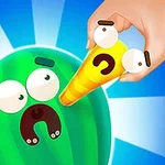 Un pepino animado con expresión de sorpresa es observado por un cono amarillo con ojos grandes, sostenido por una mano en un fondo azul con rayos