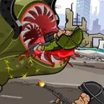 Un monstruo verde gigante atacando a un soldado, mientras otro soldado dispara un arma en una escena de ciudad destruida