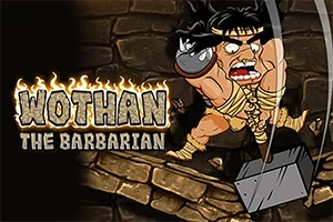Un guerrero bárbaro musculoso balanceando un gran martillo frente a un muro de piedra, con un texto que dice Wothan The Barbarian en un estilo de letras en llamas