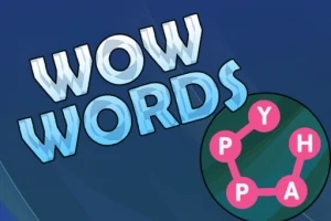 Texto en 3D que dice WOW WORDS junto a un círculo con letras conectadas en su interior sobre un fondo azul