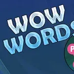 Texto en 3D que dice WOW WORDS junto a un círculo con letras conectadas en su interior sobre un fondo azul