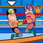 Dos personajes caricaturescos con atuendos deportivos luchando en un ring de boxeo con espectadores al fondo