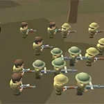 Soldados de estilo caricaturesco en formación con un vehículo militar verde cerca