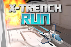 Nave espacial blanca y azul volando a través de un pasillo con explosiones al fondo bajo el título X-Trench Run