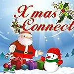 Santa Claus y un muñeco de nieve rodeados de regalos en un paisaje nevado con el texto Xmas Connect en la parte superior