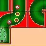 Un recorrido de caminos verdes sobre un fondo rojo con un árbol de Navidad y símbolos de calaveras y regalos
