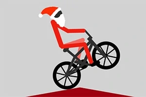 Figura estilizada en bicicleta con traje y gorro de Santa Claus, haciendo un truco sobre una rampa roja