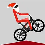 Figura estilizada en bicicleta con traje y gorro de Santa Claus, haciendo un truco sobre una rampa roja