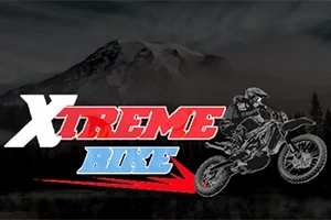 Logotipo de Xtreme Bike con un fondo montañoso oscuro y un motociclista en acción
