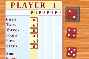 Tabla de puntuación para un jugador con tres dados rojos sobre una superficie de madera