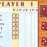 Tabla de puntuación para un jugador con tres dados rojos sobre una superficie de madera