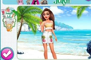 Mujer joven con falda de piñas y top amarillo, de pie en una playa tropical con palmeras y mar azul de fondo
