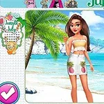 Mujer joven con falda de piñas y top amarillo, de pie en una playa tropical con palmeras y mar azul de fondo