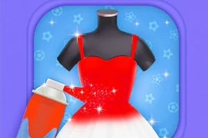 Maniquí con vestido blanco y rojo siendo pintado con aerosol rojo, sobre fondo azul con estrellas