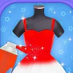 Maniquí con vestido blanco y rojo siendo pintado con aerosol rojo, sobre fondo azul con estrellas