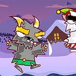 Dos personajes de dibujo animado en un ambiente nevado con casas de fondo