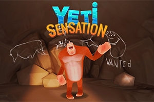 Yeti caricaturizado de color rojo sonriente en una cueva con grafitis y la palabra WANTED