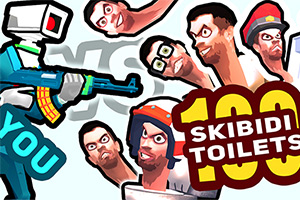 Personaje con cabeza de cámara y arma enfrentándose a cabezas flotantes con expresiones cómicas y un texto que dice 100 Skibidi Toilets