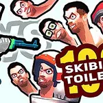 Personaje con cabeza de cámara y arma enfrentándose a cabezas flotantes con expresiones cómicas y un texto que dice 100 Skibidi Toilets