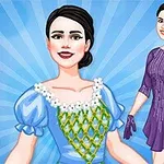 Ilustraciones de dos mujeres sonrientes, una con vestido azul y adornos verdes, y otra con vestido morado sosteniendo un ramo de flores