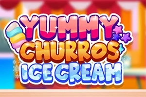 Texto colorido de Yummy Churros Ice Cream con fondo desenfocado de líneas y estrellas