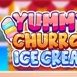 Texto colorido de Yummy Churros Ice Cream con fondo desenfocado de líneas y estrellas