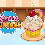 Un cupcake con crema, cereza y chispas junto a una bebida colorida y un donut pequeño, con un letrero que dice Yummy Cupcake al fondo