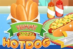 Un dibujo de hot dogs con salsas de mostaza y kétchup, y el texto Yummy Hotdog
