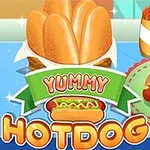 Un dibujo de hot dogs con salsas de mostaza y kétchup, y el texto Yummy Hotdog