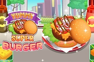 Hamburguesa jugosa con lechuga, jitomate, cebolla, y aderezos en un plato con la etiqueta Yummy Super Burger