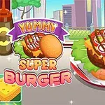 Hamburguesa jugosa con lechuga, jitomate, cebolla, y aderezos en un plato con la etiqueta Yummy Super Burger