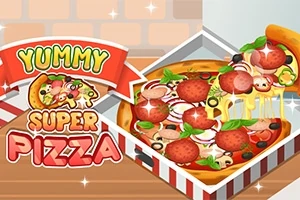 Pizza en una caja con ingredientes como pepperoni, champiñones, cebolla, aceitunas y albahaca, junto al texto colorido Yummy Super Pizza