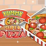Pizza en una caja con ingredientes como pepperoni, champiñones, cebolla, aceitunas y albahaca, junto al texto colorido Yummy Super Pizza
