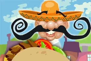 Hombre con gran sombrero y bigote exagerado detrás de un taco con ingredientes frescos y coloridos