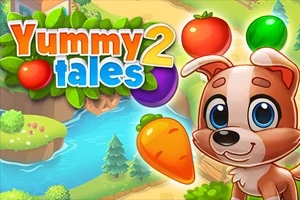 Un cachorro de dibujos animados con ojos grandes frente a un paisaje colorido y elementos de frutas y verduras flotando a su alrededor