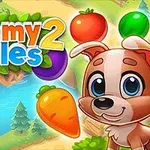 Un cachorro de dibujos animados con ojos grandes frente a un paisaje colorido y elementos de frutas y verduras flotando a su alrededor