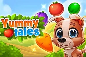 Un perro caricaturesco junto a frutas y verduras coloridas sobre un fondo campestre con un rótulo con letras coloridas