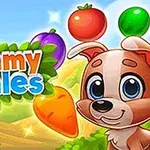 Un perro caricaturesco junto a frutas y verduras coloridas sobre un fondo campestre con un rótulo con letras coloridas