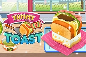 Sándwich de tostadas con ingredientes coloridos y un letrero que dice Yummy Toast