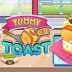 Sándwich de tostadas con ingredientes coloridos y un letrero que dice Yummy Toast