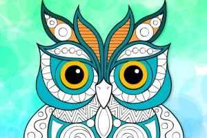 Un búho ilustrado con patrones geométricos y colores brillantes sobre un fondo azul verdoso